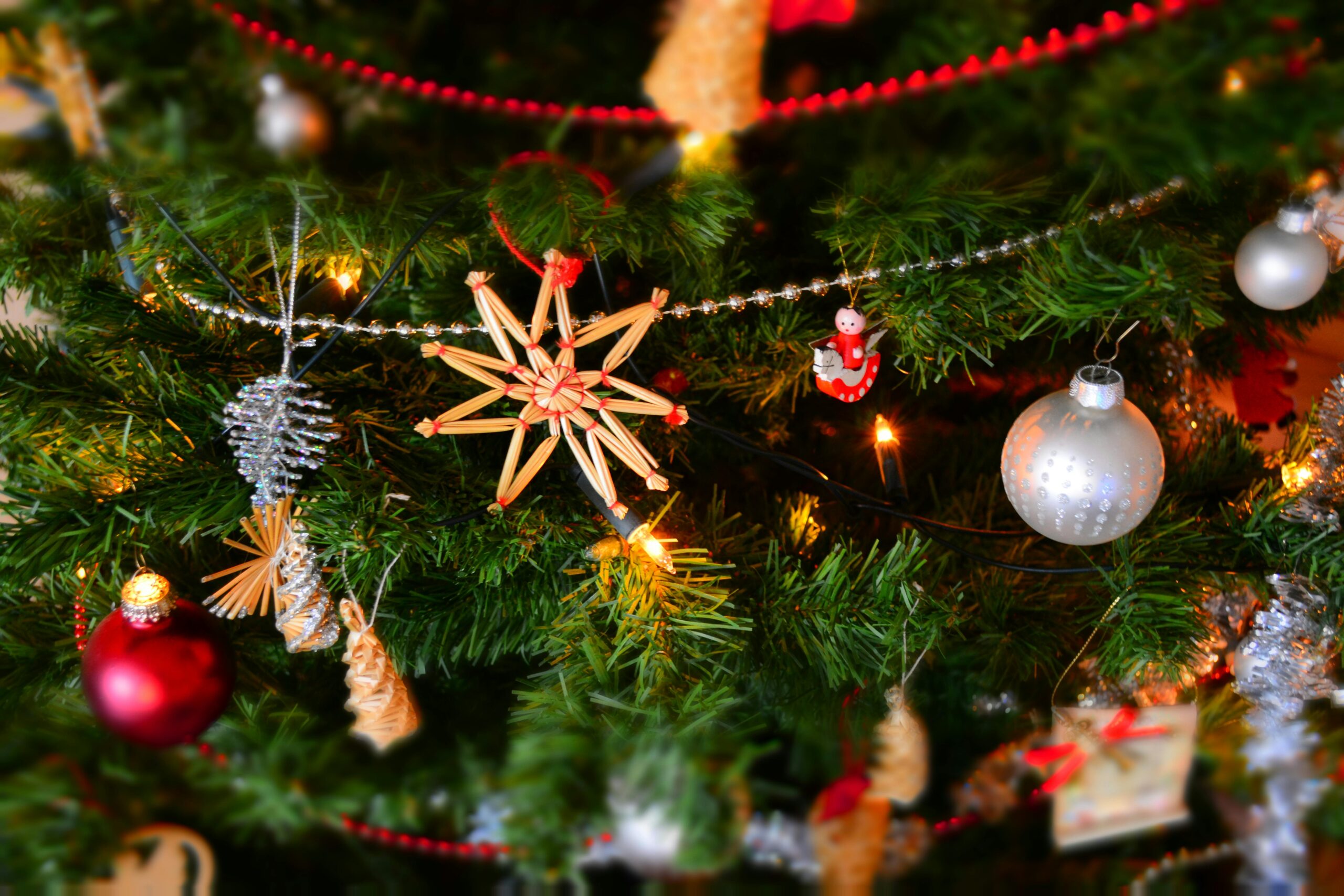 pexels photo 250177 250177 Close-up of a decorated Christmas tree with lights and ornaments, showcasing holiday spirit.