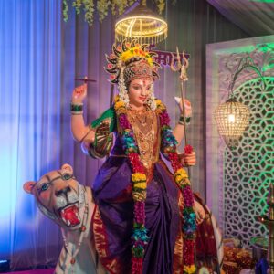 Colorful statue of Goddess Durga during Navratri festival in Mumbai.