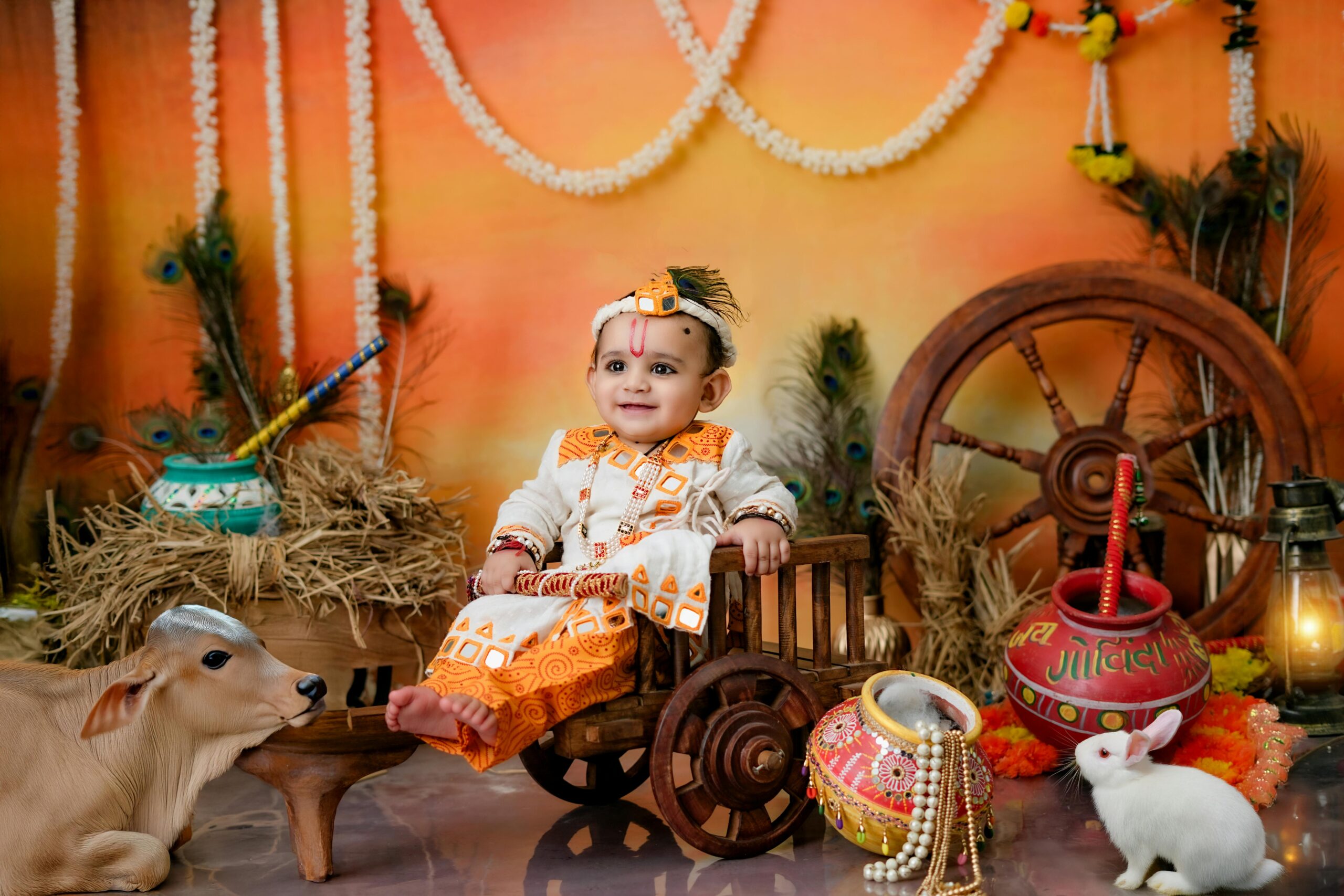 pexels photo 33622012 33622012 Adorable baby dressed as Lord Krishna with cultural ornaments and props, celebrating Janmashtami.
