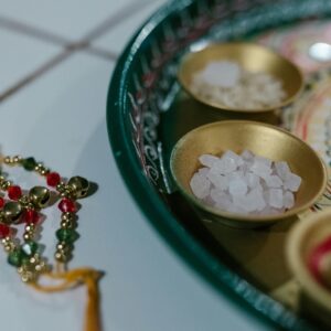 Intricate Indian tray featuring rakhi, spices, and decorative elements, symbolizing festive culture.
